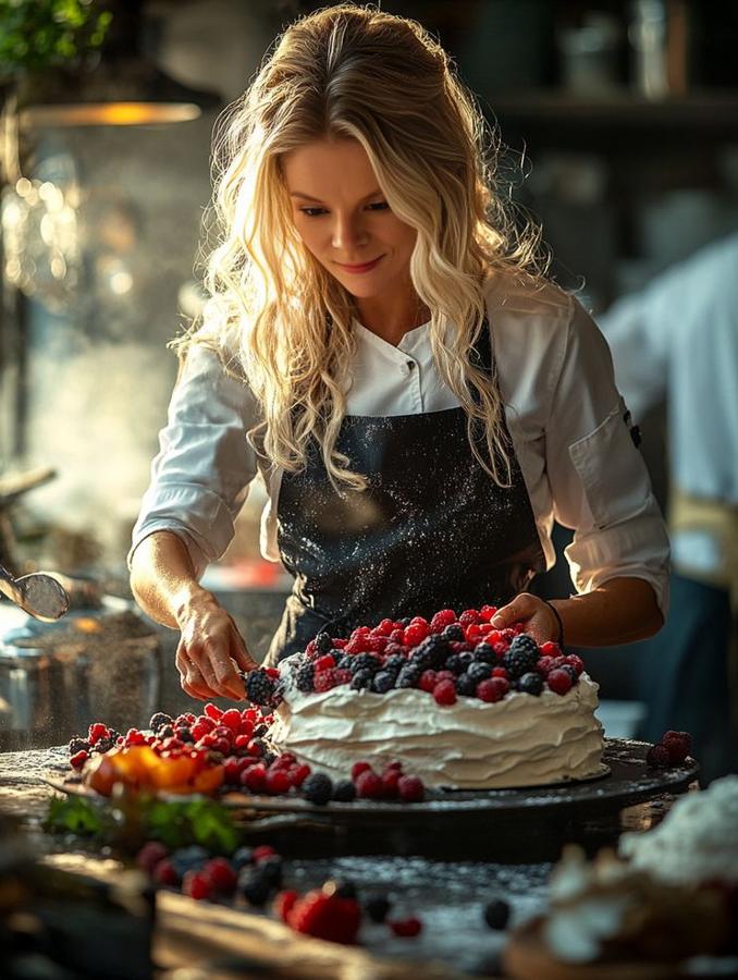 Pastry chef assembling a pavlova