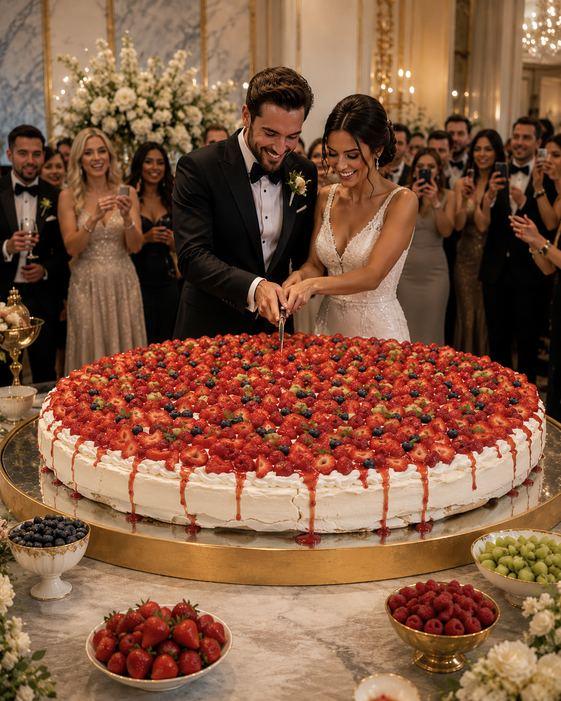 Bride and groom cutting a giant berry pavlova